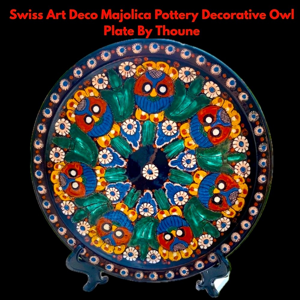 Swiss Art Deco Majolica Pottery Decorative Owl Plate By Thoune